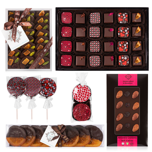 Hearts Package Gift Basket - Truffles, Mendiants, Orange slices, Cookies, Bar, lollipops