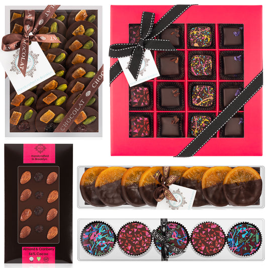 Chocolate Gift Basket - Truffles, Orange slices, Cookies, Bar, Mendiants